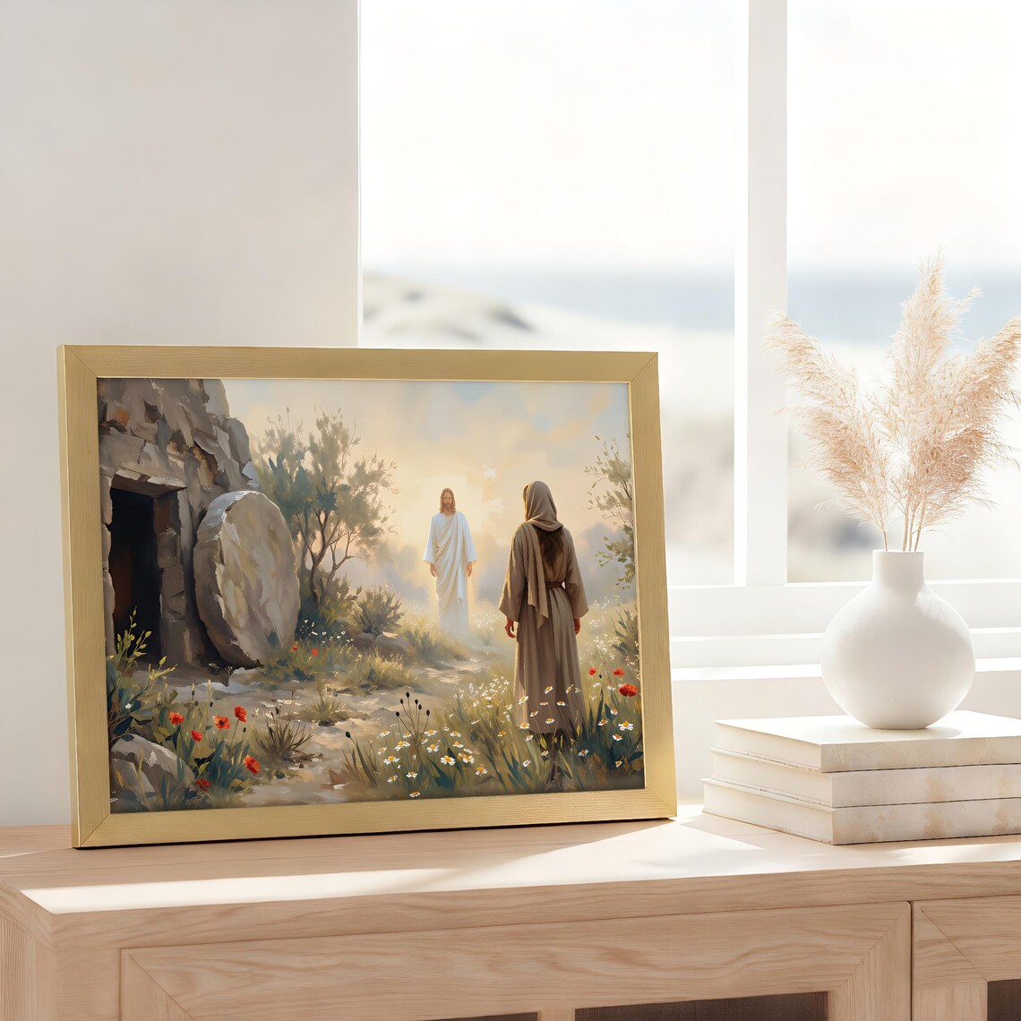 Resurrection Scene Art Canvas, Jesus at the Empty Tomb Illustration ...