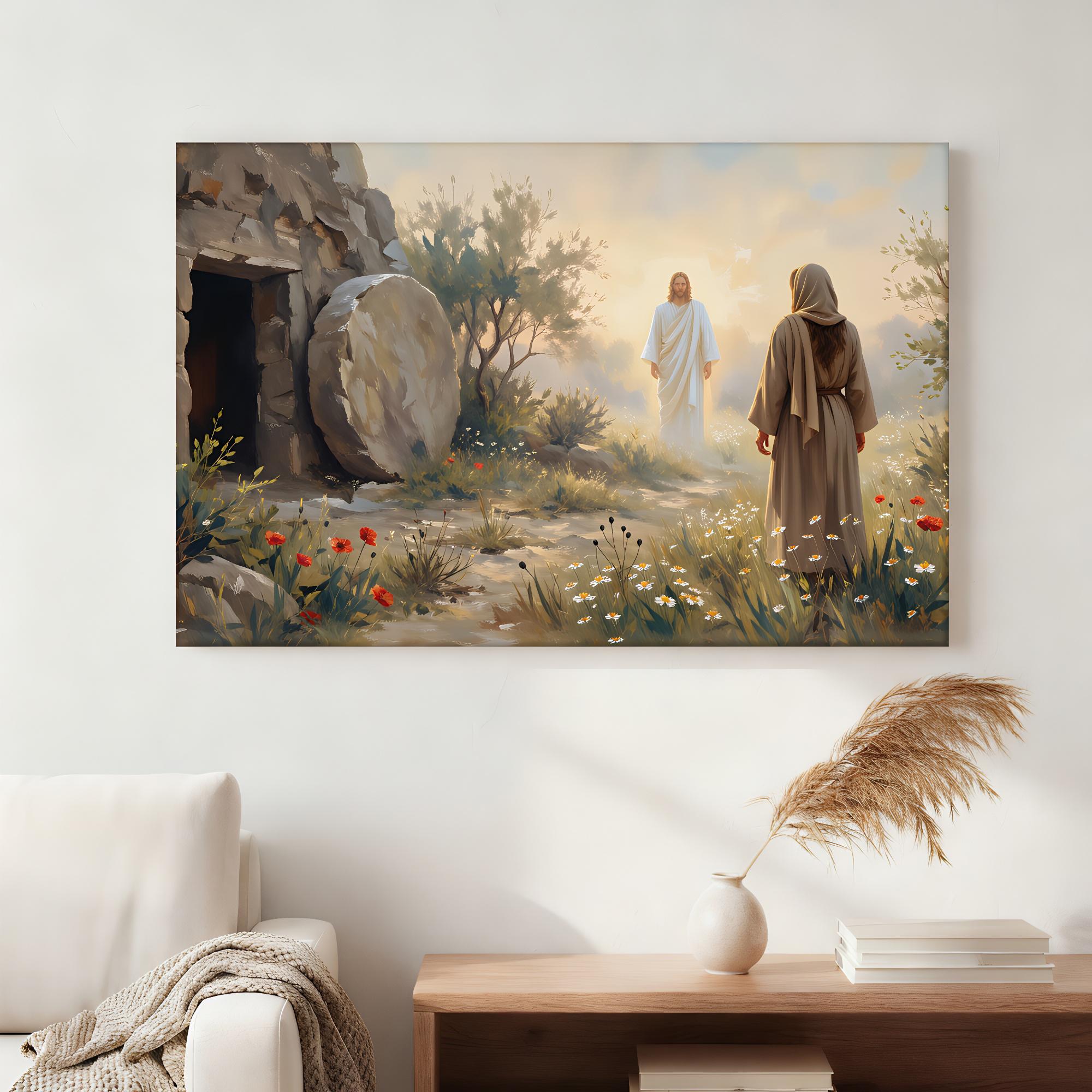 Resurrection Scene Art Canvas, Jesus at the Empty Tomb Illustration ...