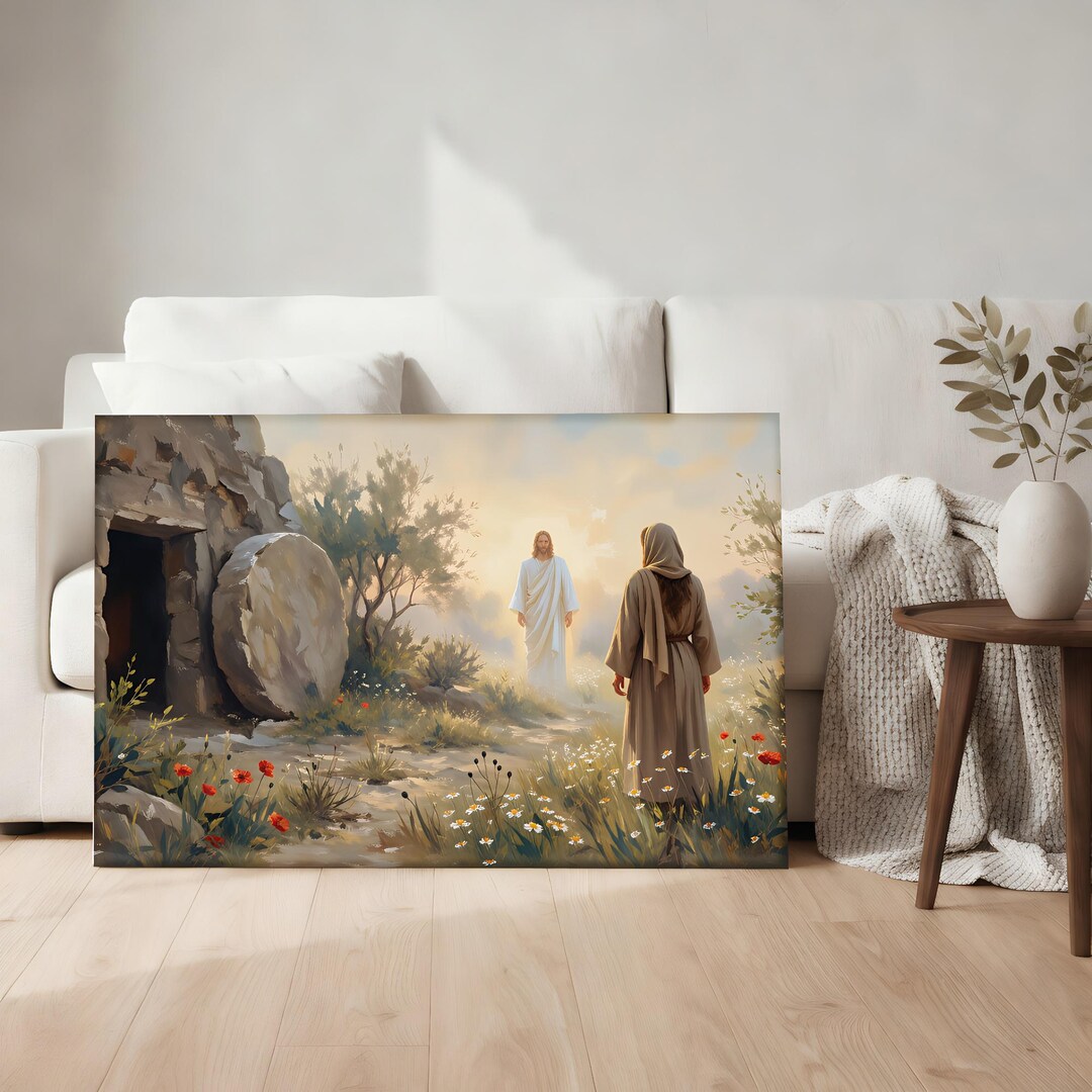Resurrection Scene Art Canvas, Jesus at the Empty Tomb Illustration ...