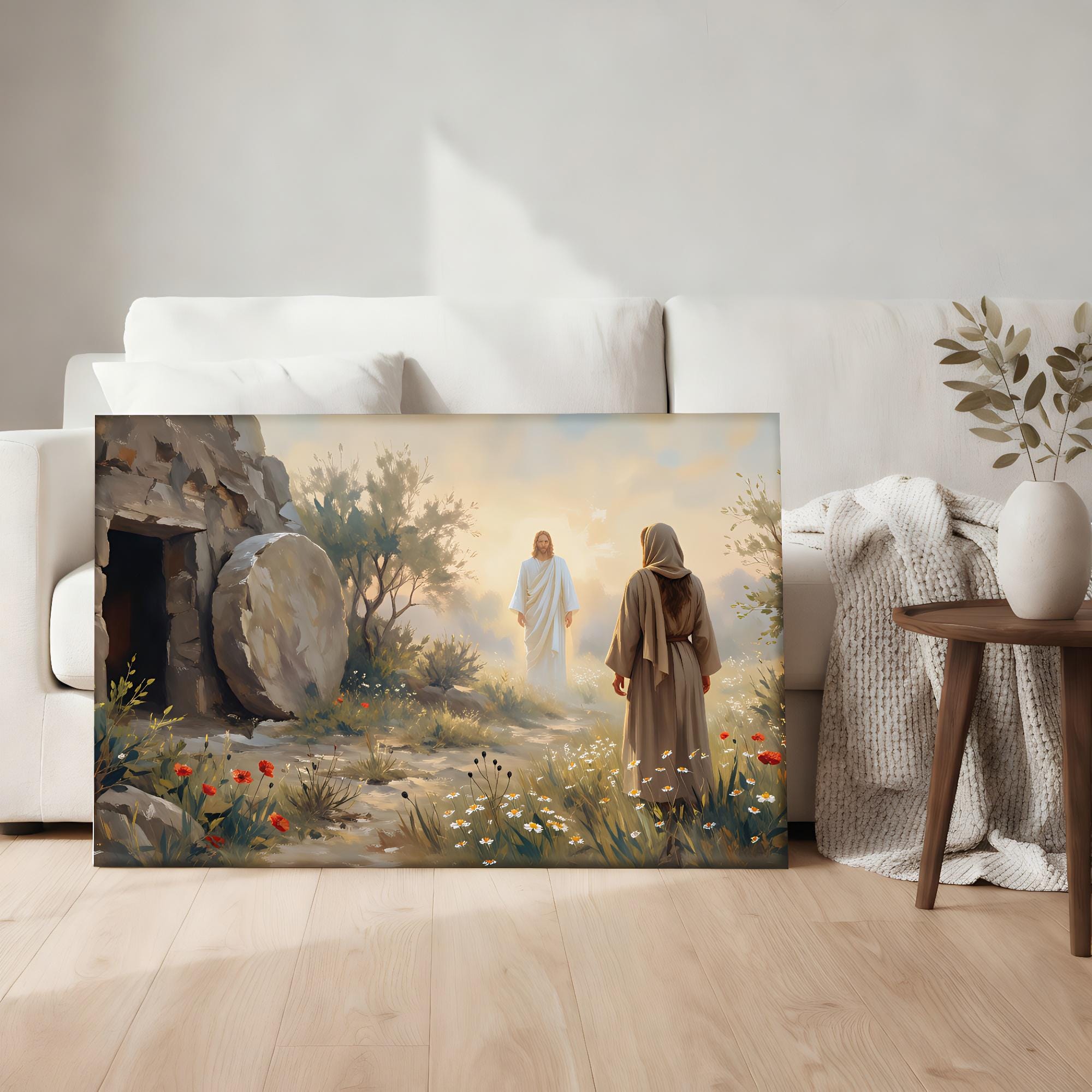 Resurrection Scene Art Canvas, Jesus at the Empty Tomb Illustration ...
