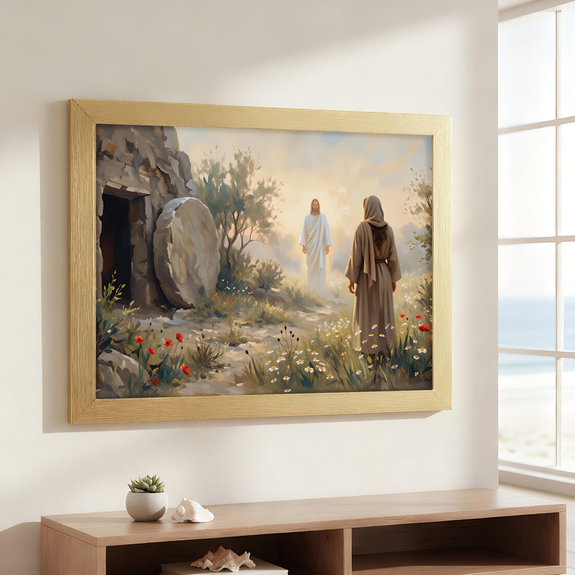 Resurrection Scene Art Canvas, Jesus at the Empty Tomb Illustration ...