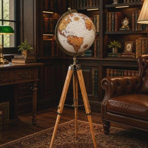 Globo terrestre vintage com tripé de madeira, 150 cm de altura para exibição no chão.