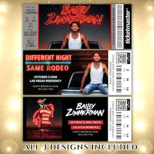 May include: Three concert ticket designs featuring Bailey Zimmerman. Each ticket has a different layout, with the artist's name and the phrase "Different Night Same Rodeo." The tickets include dates, times, and venue information for Las Vegas shows.