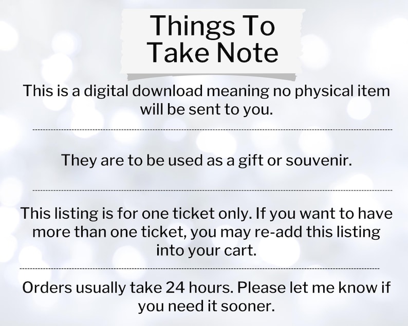 Pu&ograve; includere: Immagine con il testo "Things To Take Note" in alto. Il testo sottostante spiega che l'articolo &egrave; un download digitale, per regali o souvenir, ed &egrave; solo per un biglietto. Si menziona anche che gli ordini richiedono 24 ore.