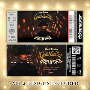 May include: Two concert tickets featuring a man in a hat with the text "Cosa Nuestra World Tour" and "Rauw Alejandro." The tickets include event details, a barcode, and the Ticketmaster logo. The text "All 2 Designs Included" is at the bottom.
