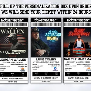 Pu&ograve; includere: Tre biglietti per concerti con Morgan Wallen, Luke Combs e Bailey Zimmerman. Ogni biglietto include il nome dell'artista, i dettagli del tour e le informazioni sulla sede. I biglietti sono personalizzati con messaggi e il logo Ticketmaster.