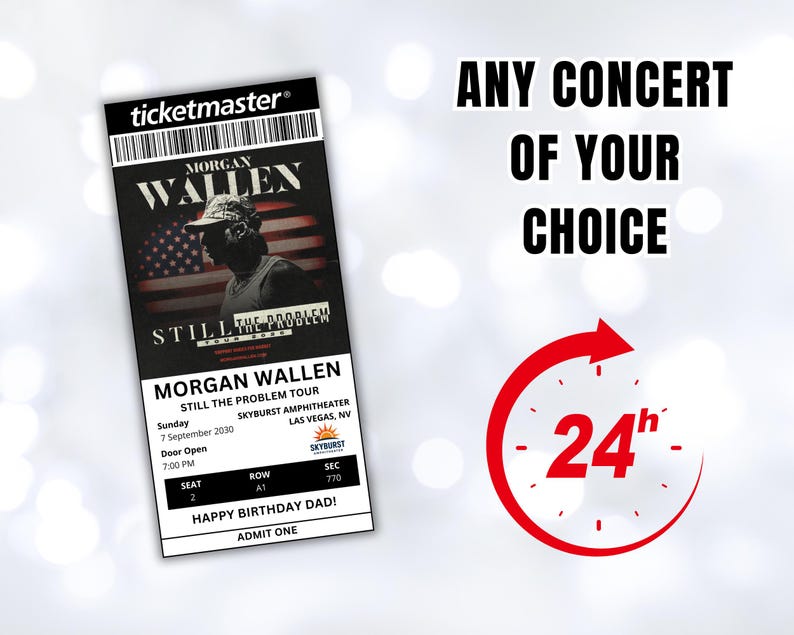 Pu&ograve; includere: Un biglietto per il concerto di Morgan Wallen Still The Problem Tour allo Skyburst Amphitheater di Las Vegas, NV. Il biglietto &egrave; per domenica 7 settembre 2030, con apertura porte alle 19:00. Il biglietto recita "Buon compleanno pap&agrave;!" e "Ammetti uno."