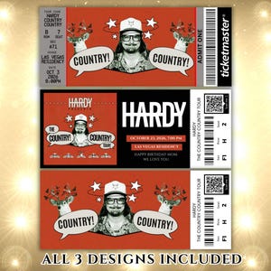 May include: Three concert ticket designs with a country music theme. The tickets are red and black, featuring a man in glasses and a hat, and a deer. The text "COUNTRY!" appears in a speech bubble. The tickets are for the "HARDY COUNTRY TOUR".