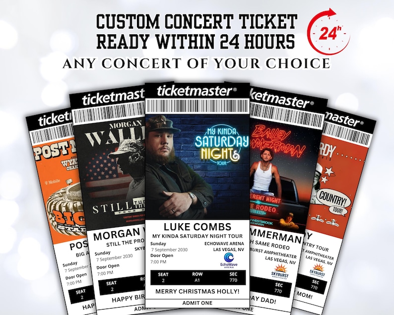 Pu&ograve; includere: Una collezione di biglietti per concerti personalizzati con artisti come Morgan Wallen e Luke Combs. I biglietti presentano il logo Ticketmaster e dettagli dell'evento. Il testo "CUSTOM CONCERT TICKET READY WITHIN 24 HOURS" &egrave; visibile, con un'icona dell'orologio.