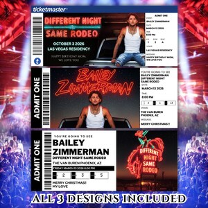 May include: Three concert ticket designs featuring Bailey Zimmerman. The tickets have a black and white design with the text "Different Night Same Rodeo" and the artist's name. The tickets include dates, times, and venue information.