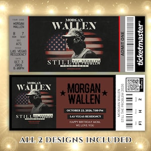 以下が含まれることがあります： モーガン・ウォーレンの2種類のコンサートチケットのデザイン。上のチケットは黒で、アーティスト名、シルエット、そして「STILL THE PROBLEM TOUR 2026」の文字が入っています。下のチケットは黒とマルーンで、アーティスト名とコンサートの詳細が記載されています。