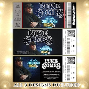 Könnte beinhalten: Drei Konzertticket-Designs mit Luke Combs. Jedes Ticket hat einen schwarzen Hintergrund mit dem Namen des Künstlers in weißen Neon-Buchstaben. Die Tickets enthalten den Text "My Kinda Saturday Night" und Konzertdetails.