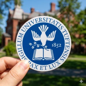 May include: A round sticker with a blue border and white text that reads "SIGILLUM UNIVERSITATIS TUFTENSIS" and "PAX ET LUX". The center features a white dove above an open book, with the year 1852.