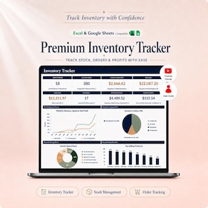May include: A laptop screen displays a "Premium Inventory Tracker" interface. The screen shows charts, graphs, and numerical data related to inventory, sales, and profits. The text "Track Inventory with Confidence" is at the top. Icons for Excel and Google Sheets are visible.