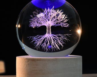 3D Tree of Life Crystal Ball Lamp, Engraved Glass Sphere with Colorful LED Base
