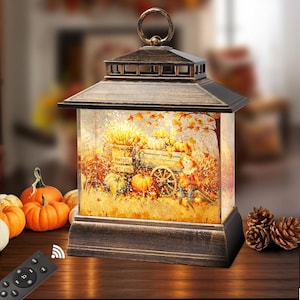 Fall Pumpkin Wagon Snow Globe Lantern, Swirling Glitter Decor (Remote & Timer)