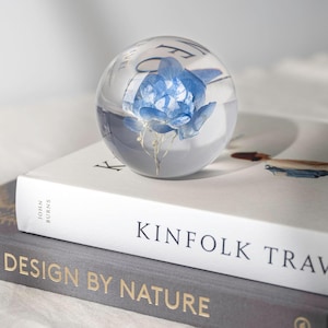 May include: A clear glass sphere containing a blue hydrangea flower, resting on a white book with the title "KINFOLK TRAVEL". The sphere is transparent, showcasing the flower's delicate petals. The book is stacked on top of a gray book with the title "DESIGN BY NATURE".
