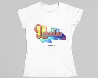 Lakeview Chicago Fitted T-Shirt, Organic Cotton Boystown Pride and Stadium Lights Neighborhood Tee