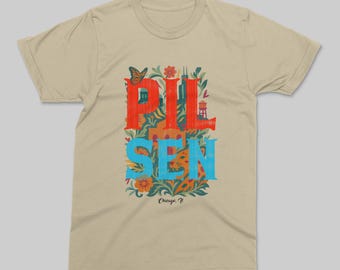 Pilsen Chicago T-Shirt, Organic Cotton Monarch Butterfly and Mexican Folk Art Neighborhood Graphic Tee
