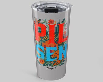 Pilsen Chicago Tumbler, Monarch Butterfly and Mexican Folk Art Neighborhood Insulated Travel Mug Gift