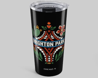 Brighton Park Chicago Tumbler, Rail Junction and Mexican Folk Art Insulated Travel Mug Gift