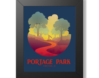 Portage Park Chicago Sunrise Framed Poster, Portage Sculpture and Six Corners Dawn Neighborhood Wall Art Gift