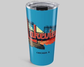Lakeview Chicago Tumbler, Stadium Lights and Lakefront Neighborhood Insulated Travel Mug Gift
