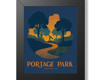 Portage Park Chicago Framed Poster, Portage Sculpture and Six Corners Sunset Neighborhood Wall Art Gift