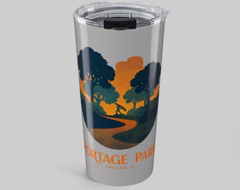 Portage Park Chicago Tumbler, Portage Sculpture and Six Corners Sunset Insulated Travel Mug Gift