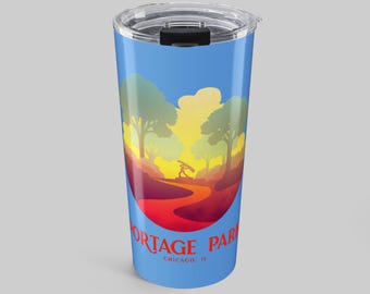 Portage Park Chicago Sunrise Tumbler, Portage Sculpture and Six Corners Dawn Insulated Travel Mug Gift