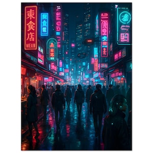 Póster artístico de ciudad cyberpunk / Impresión mural de ciencia ficción con temática de vida nocturna neón
