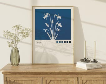 Fleur printanière cyanotypie en téléchargement numérique | Art mural botanique | Oeuvre d'art de la nature | Décoration botanique imprimable | Cadeaux pour elle