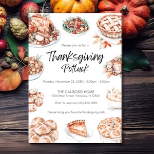 Thanksgiving Potluck Editable Invitation, Canva Template, Instant Download