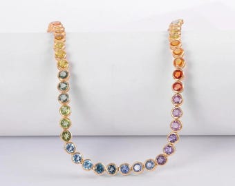 マルチサファイア テニスネックレス：18Kゴールドメッキ レインボーチョーカー