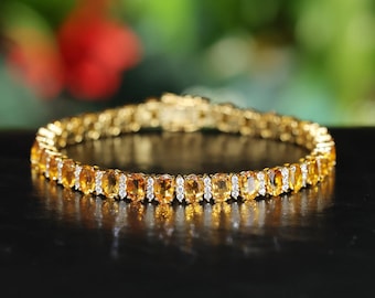 天然シトリン テニスブレスレット、18Kホワイトゴールドメッキ