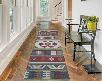 Tapete Kilim de lã e juta feito à mão, estilo Dhurrie tradicional indiano.