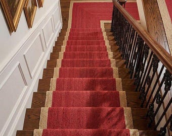 Handmade Red Jute Rug, Natural Border Area Rug, Large Living Room Rug, Handwoven Boho Rug, Custom Size Floor Carpet, Rustic Rug