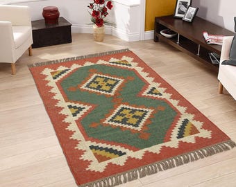 Ręcznie robiony duży kilim, tkany ręcznie, dywan z wełny i juty, kilim dhurrie, motywy, orientalny, tradycyjny indyjski, geometryczny, turecki