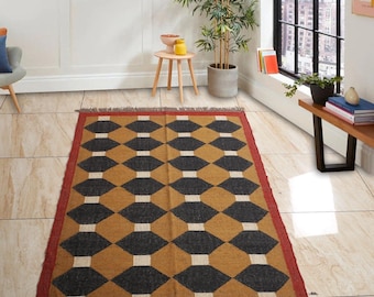 Handwoven Wool Jute Kilim Rug Runner, Geometric Dhurrie