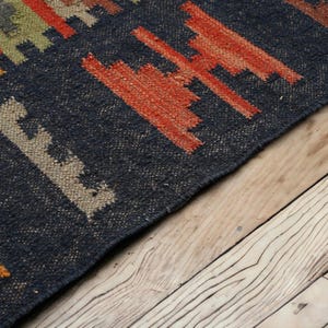 May include: Close-up of a navy blue woven rug with a geometric pattern in shades of red, beige, and green. The rug's texture is visible, and it sits on a wooden surface.