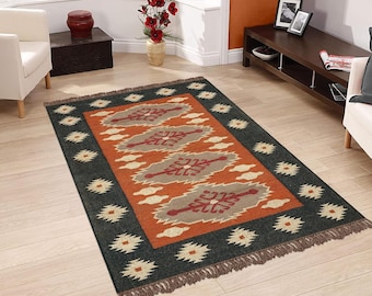 Handmade Wool Jute Kilim Rug, Oriental Geometric Design