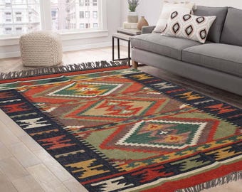 Ręcznie robiony duży kilim, tkany ręcznie, dywan z wełny i juty, kilim dhurrie, motywy, orientalny, tradycyjny indyjski, geometryczny, turecki