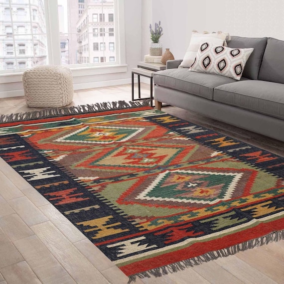 Handmade Large Kilim Rug, Handwoven, Wool and Jute Rug Handmade, Kilim Dhurrie Rug, Motifs, Oriental, Traditional Indian, Geometric, Turkish