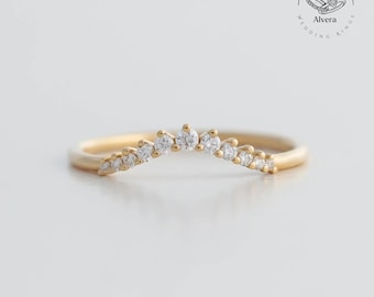 Curved Wedding Band Ring | Diamond Chevron Curve Band | Stackable Bridal Ring | Minimal Contour Wedding Ring | Gift for Her