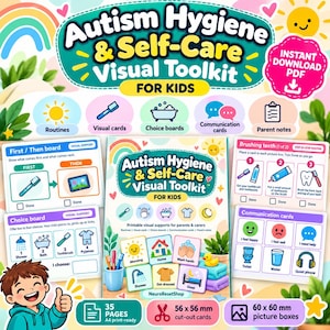 Pode incluir: Um kit de ferramentas visuais de higiene e autocuidado para crianças autistas, incluindo rotinas, cartões visuais, quadros de escolha e cartões de comunicação. 35 páginas, cartões de 56 x 56 mm e caixas de 60 x 60 mm para tarefas.