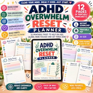Könnte beinhalten: Ein digitaler ADHD Overwhelm Reset Planer auf einem Tablet-Bildschirm, umgeben von 12 druckbaren Arbeitsblättern wie Brain Dump, Task Breakdown, Daily Focus, Habit Tracker und Done List, mit farbigem Text und botanischen Illustrationen.
