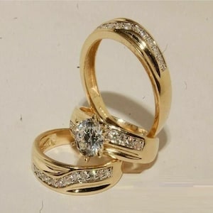 14K Yellow Gold Over His & Hers 2.00Ct VVS1 Diamond Engagement Wedding Trio Ring Set / Ring For Couple's / Anniversary Gift For Her and Him