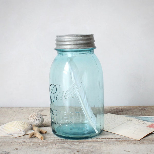 Snow White Feather & Blue Perfect Mason Ball Jar