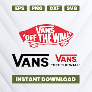 Op de afbeelding: Digitaal ontwerp met het Vans-logo in rood en zwart. Het ontwerp bevat de zin "OFF THE WALL" en bestandstype-indicatoren: EPS, PNG, DXF en SVG. De woorden "INSTANT DOWNLOAD" zijn ook aanwezig.