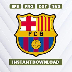 May include: A digital graphic of the FC Barcelona crest, featuring a shield shape with a red cross, yellow and red stripes, and the letters "FCB." The crest includes a soccer ball and the words "INSTANT DOWNLOAD" and file type labels: EPS, PNG, DXF, SVG.